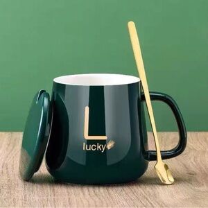 Lucky Brand Green Ceramic Mug with Lid and Gold Spoon